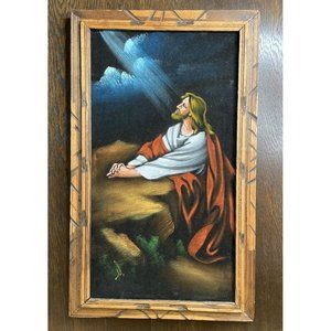 Vintage Framed MCM Black Velvet Jesus Painting Signed / Mexico Religious/Christ